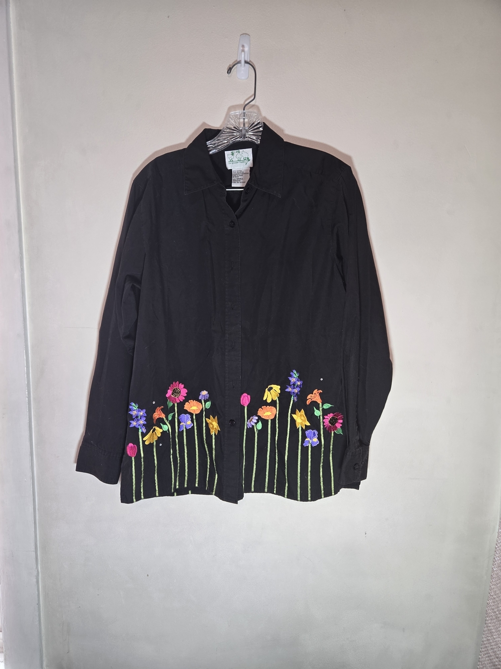 Quacker Factory Black Button-Down Shirt with Colorful Floral Embroidery